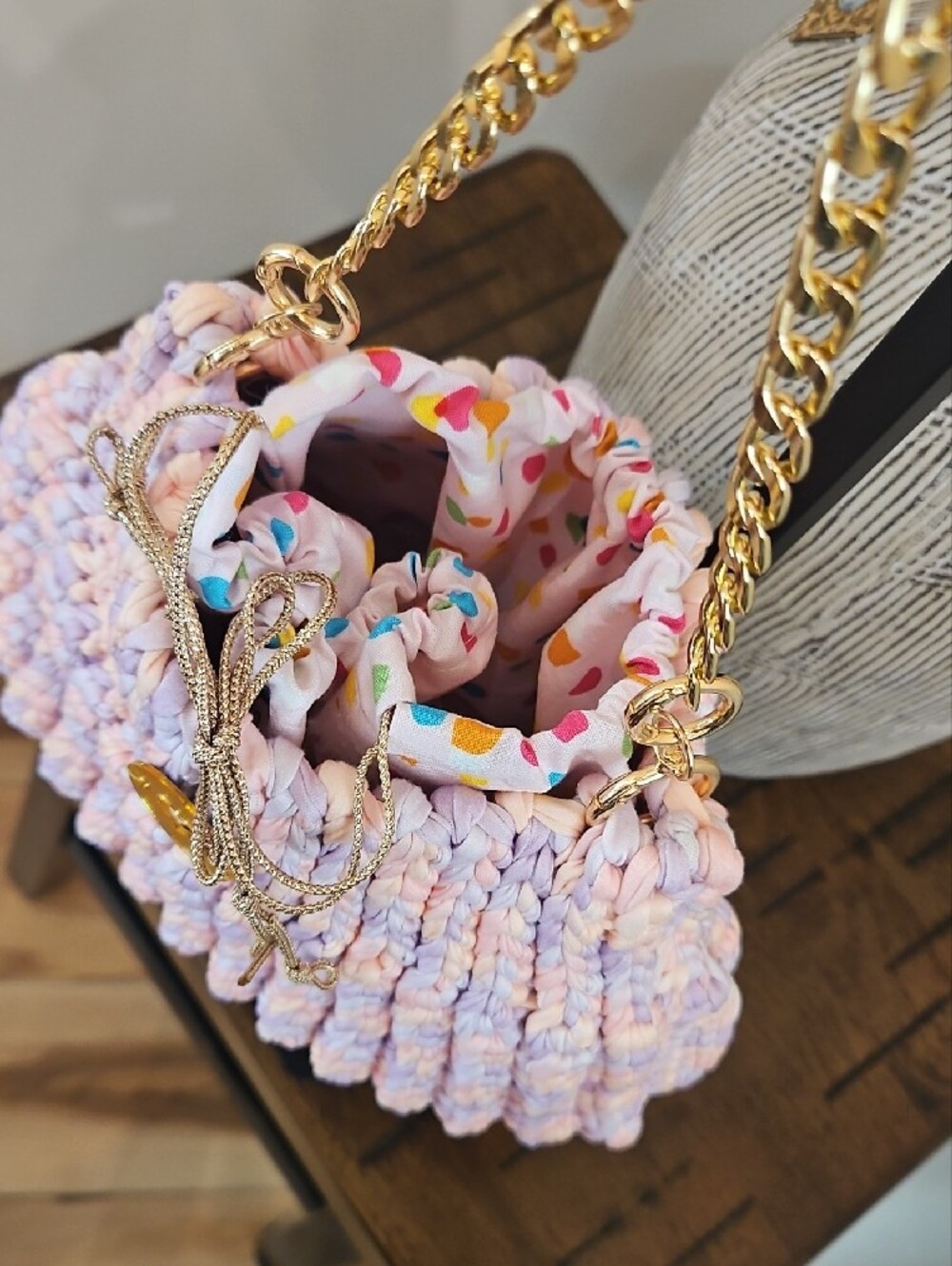 Hand Crocheted Pink And Purple T-shirt Yarn Drawstring HandBag - Picture 2 of 4